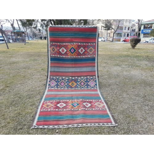 Foyer Size Vintage Handwoven Kurdish Wide Kilim Rug Runner | Area Rug in Rugs by Vintage Pillows Store. Item made of cotton with fiber