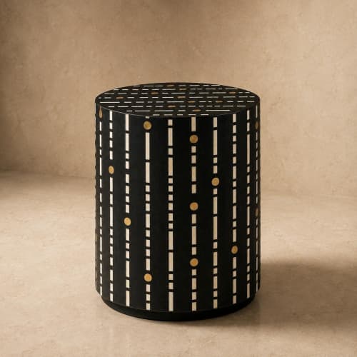 Handmade Black Bone Inlay Side Table, Brass Dot Art Deco Drum End Table | Tables by IKKAZA