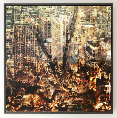 New York 55 – Amber Toned Cityscape Painting | Mixed Media in Paintings by Dario Moschetta
