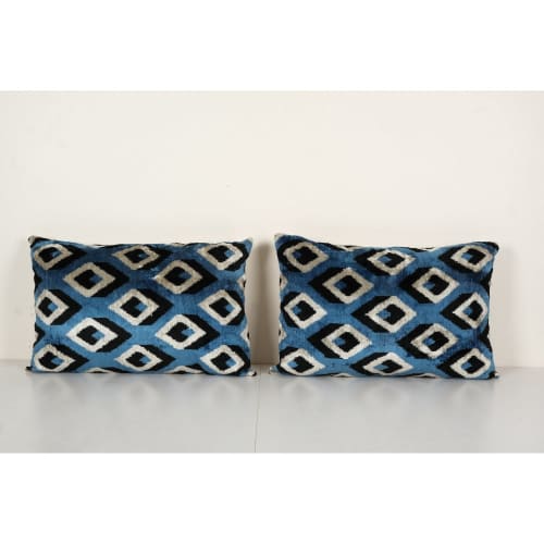 Blue Silk Ikat Velvet Pillow Cover - Set of Two Uzbek Lumbar | Sham in Linens & Bedding by Vintage Pillows Store. Item composed of cotton