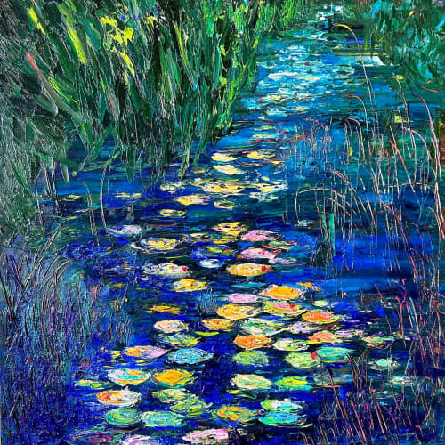 Textured Lily River | Oil And Acrylic Painting in Paintings by Checa Art. Item made of canvas