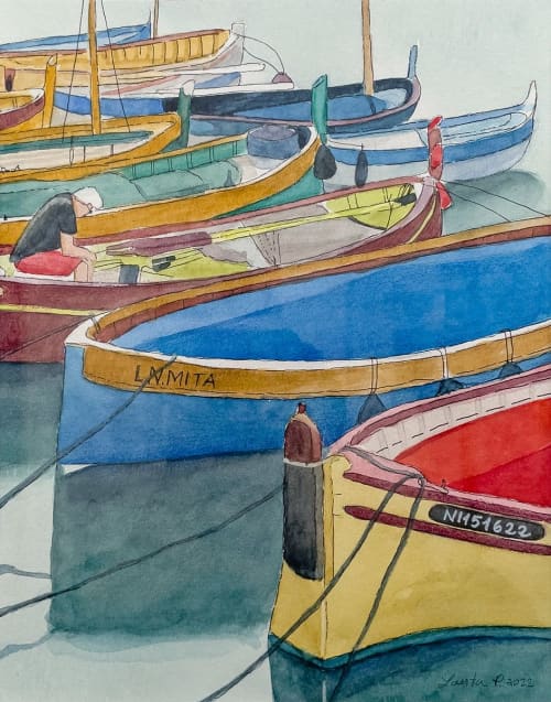 Docked in the Marina | Watercolor Painting in Paintings by Sorelle Gallery. Item composed of paper