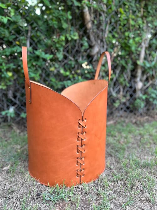 16in Tan Leather Basket | Storage Basket in Storage by Harrow and Sickle Leather Design