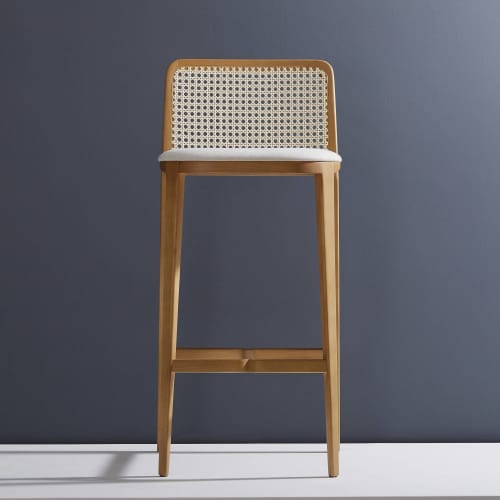 "Wing" SW4. NT Wood, NT Cane, Textile 587 | Counter Stool in Chairs by SIMONINI. Item made of wood with leather