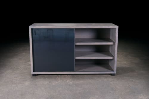 Grey Wash Oak Console | Media Console in Storage by Urban Lumber Co.. Item composed of oak wood & steel