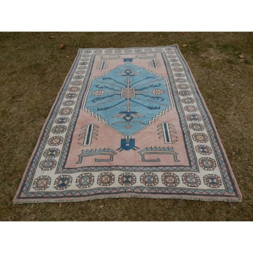 Mid-Century Vintage Handmade Turkish Kars Rug 5'4'' x 7'9'' | Area Rug in Rugs by Vintage Pillows Store. Item composed of cotton