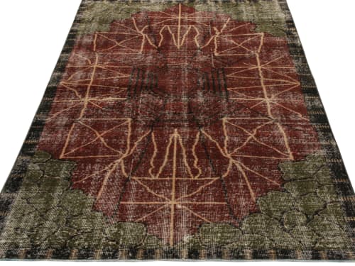 1960s Vintage Art Deco Rug in Red, Green, Black, Distressed Geometric Pattern | Area Rug in Rugs by Rug and Kilim