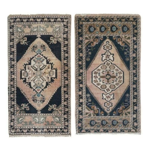 Soft Color Pair of Small Turkish Rug Floor Mats, Traditional | Area Rug in Rugs by Vintage Pillows Store. Item composed of cotton and fiber