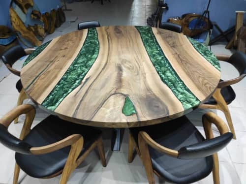 Custom Order Round Walnut Wood | Green Epoxy Dining Table | Tables by LuxuryEpoxyFurniture. Item made of wood & synthetic