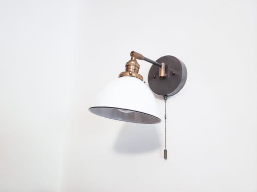 Swing Arm Bedside Reading Wall Light - Brass and Gray Patina | Sconces by Retro Steam Works. Item composed of fabric and brass in mid century modern style