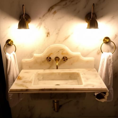 Calacatta Gold Marble Bathroom Sink with Backsplash - 36" | Water Fixtures by AYMARBLEDESIGN LLC