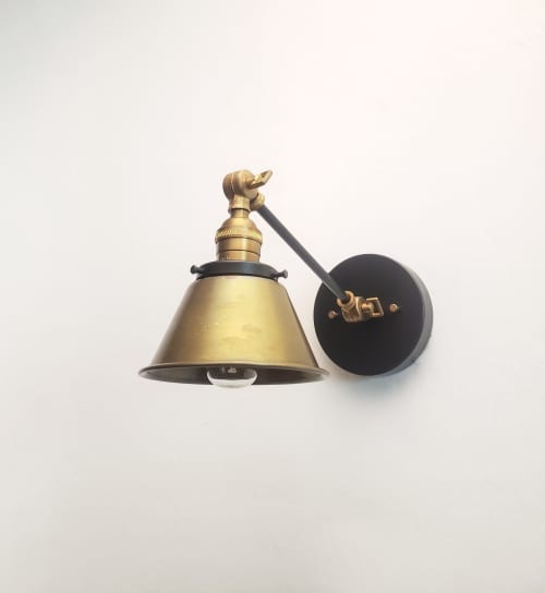 1-Arm Pivoting Wall Sconce Industrial Light Antique Gold | Sconces by Retro Steam Works. Item made of metal & glass compatible with industrial style