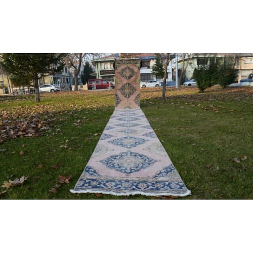 Vintage Turkish Oushak Extra Long Runner With Modern Style | Runner Rug in Rugs by Vintage Pillows Store. Item made of cotton with fiber