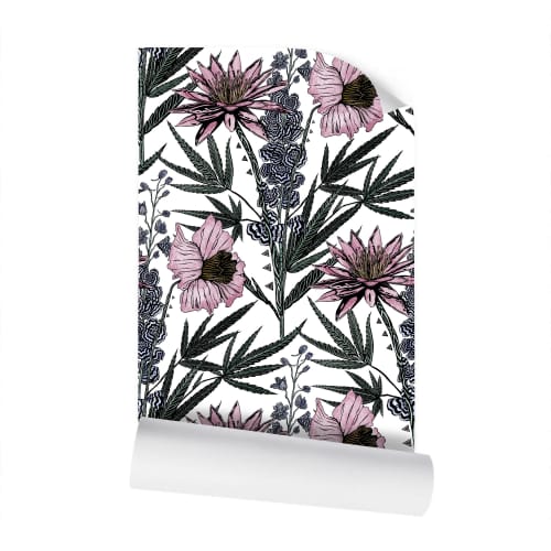 IVI Bouquet - Water Lily, Larkspur, Daisy w/ Cannabis Leaves | Wallpaper in Wall Treatments by Sean Martorana. Item made of paper