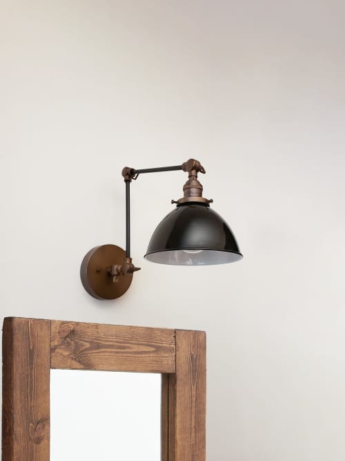 Black & Antique Brass Swing Arm Sconce - Farmhouse Modern | Sconces by Retro Steam Works. Item made of metal works with industrial style