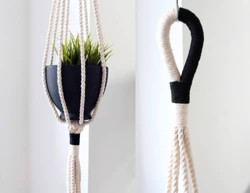 Modern Contrast Color-Block Plant Hanger — Hand-Knotted Fiber Art | Plants & Landscape by Freefille