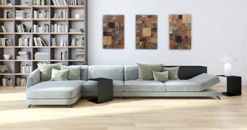 Cube Triptych artwork: Geomtric wood wall art | Wall Sculpture in Wall Hangings by Craig Forget. Item composed of wood compatible with mid century modern and contemporary style