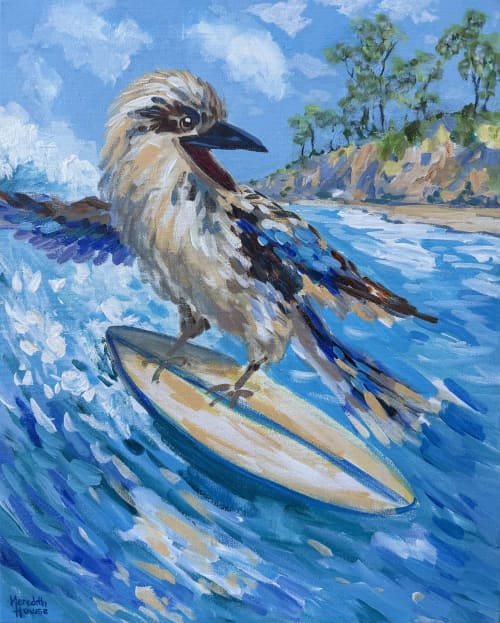 Surfing Kookaburra - Original Painting | Oil And Acrylic Painting in Paintings by Meredith H. Item made of canvas works with contemporary & eclectic & maximalism style