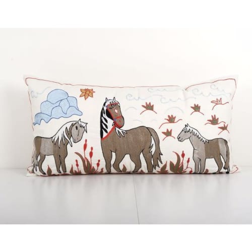 Extra Long Suzani Pictorial Cushion, Animal Embroidered Trib | Pillows by Vintage Pillows Store