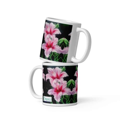 Coffee  - Desire - Pink Lily Floral Realism on Black | Work by Eman's Gallery