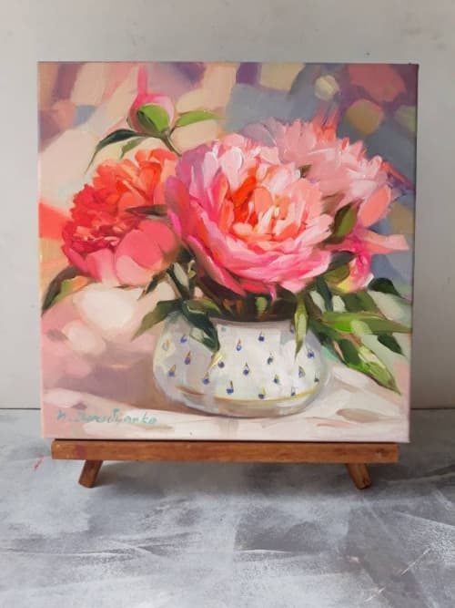 Pink Peonies in vase oil painting original on canvas | Oil And Acrylic Painting in Paintings by Natart. Item made of canvas & synthetic compatible with contemporary style