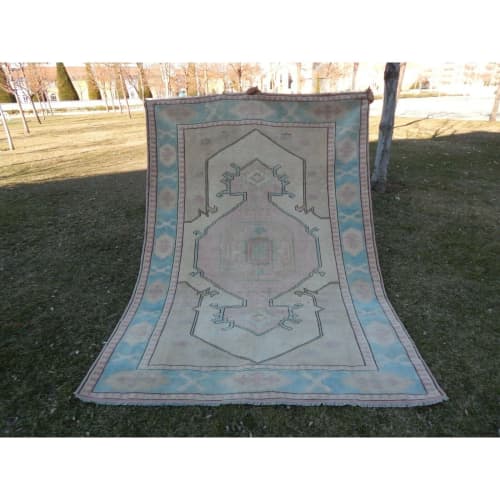 1970s Vintage Turquoise Turkish Oushak Rug - 5'8'' X 8' | Area Rug in Rugs by Vintage Pillows Store. Item made of cotton with fiber