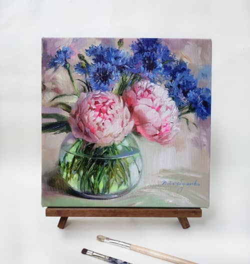 Peony flowers oil painting canvas original art, Cornflower | Oil And Acrylic Painting in Paintings by Natart. Item made of canvas & synthetic compatible with contemporary style