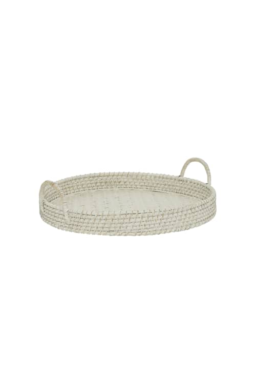 Handmade White Round Serving Tray Basket with Handles | Serveware by Amara