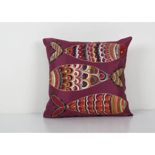 Silk Handmade Fish Suzani Pillowcase, Minimalist Embroidery | Cushion in Pillows by Vintage Pillows Store