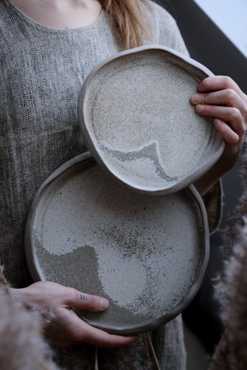 STC organic natural shape stoneware plates in grey cream | Dinnerware by Laima Ceramics. Item made of stoneware