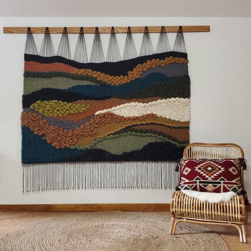 Extra Large Woven Landscape | Macrame Wall Hanging in Wall Hangings by MossHound Designs by Nicole Hemmerly | Adobe Springs Apartments in Houston. Item composed of oak wood & cotton compatible with eclectic & maximalism and industrial style