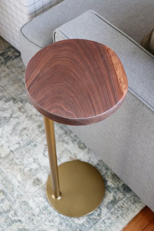 9" Live Edge Walnut Gold Round Industrial Side Table | Tables by Hazel Oak Farms. Item composed of walnut & steel