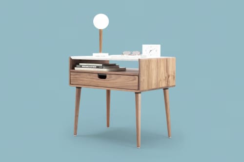 Bedside Table in Solid Walnut / Oak with Marble Top | Tables by Manuel Barrera Habitables. Item made of oak wood & marble