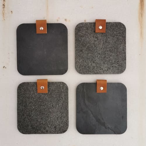 Black and grey stone coasters for cups. Set of 4 | Tableware by DecoMundo Home. Item composed of fabric and stone in minimalism or modern style