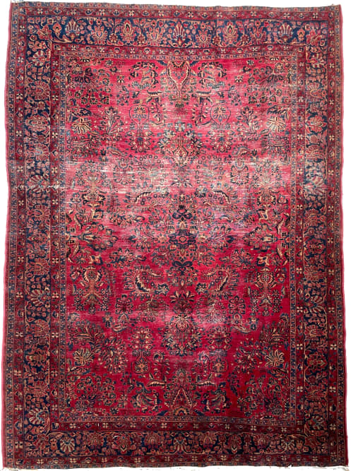 LOVELY Botanical Distressed Antique Persian Sarouk | Berry | Area Rug in Rugs by The Loom House. Item made of cotton with fiber