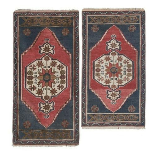 Distressed Low Pile Yastik Mat Faded Colors Rug - Set of Two | Area Rug in Rugs by Vintage Pillows Store. Item composed of cotton and fiber