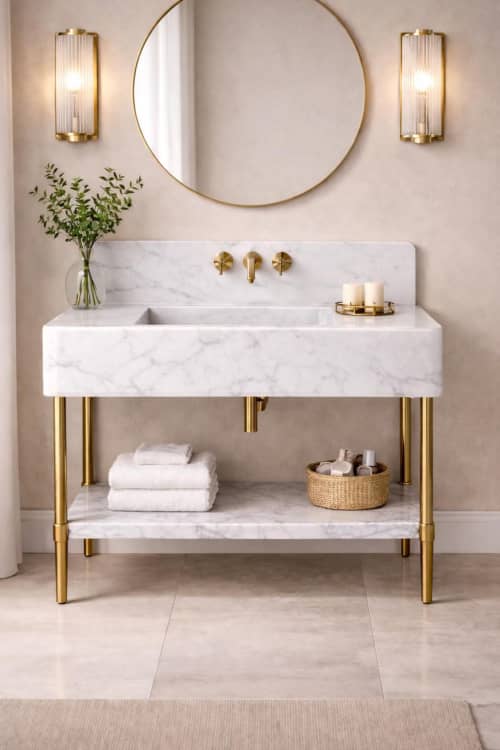 Carrara White Marble Vanity with Brass Legs and Shelf | Water Fixtures by Vero Marble