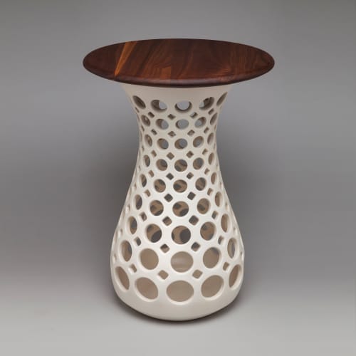 Hourglass Openwork Table with Walnut Top | Side Table in Tables by Lynne Meade. Item made of walnut with stoneware