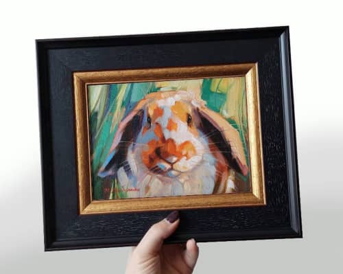 Funny rabbit pet portrait painting original 8x6, Custom | Oil And Acrylic Painting in Paintings by Natart. Item made of canvas with synthetic works with contemporary style
