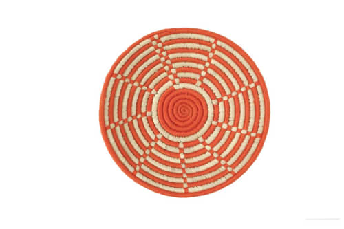 Amara Handmade Natural Grass Round Orange Wall Basket | Decorative Bowl in Decorative Objects by Amara. Item made of fiber works with boho & mid century modern style