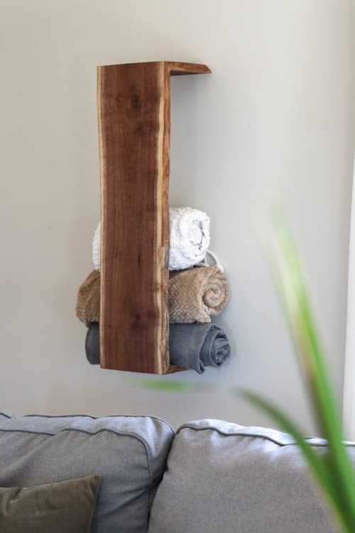 Live-edge walnut Waterfall Blanket or Towel Shelf | Rack in Storage by Hazel Oak Farms. Item composed of oak wood