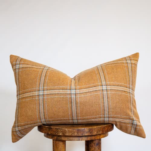 Orange, Blue, & Brown Plaid Wool Lumbar Pillow 14x22 | Pillows by Vantage Design