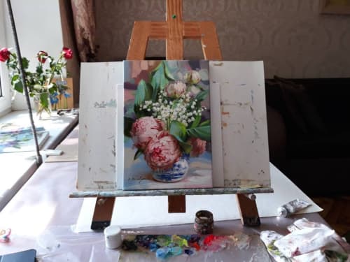 Peony flowers oil painting original and Lily of the valley | Oil And Acrylic Painting in Paintings by Natart. Item composed of canvas & synthetic compatible with contemporary style