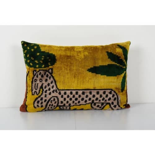 Tiger Design Gold Ikat Velvet Pillow, Animal Printed Floral | Cushion in Pillows by Vintage Pillows Store
