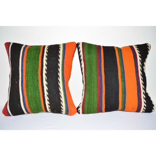 Striped Turkish Kilim Pillow 16" X 16" | Sham in Linens & Bedding by Vintage Pillows Store. Item made of cotton & fiber