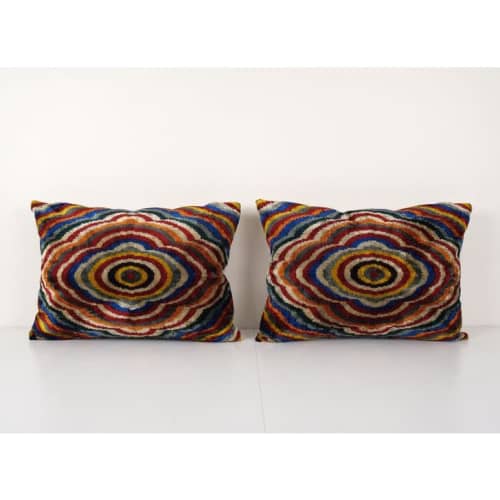 Pair Silk Ikat Velvet Pillow, Set of Two Silk Ikat Lumbar | Cushion in Pillows by Vintage Pillows Store