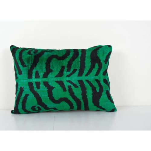 Green Tiger Ikat Velvet Pillow, Handloom Silk Lumbar Cushion | Pillows by Vintage Pillows Store