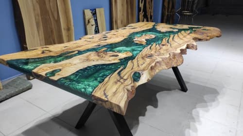 Live Edge Olive Emerald Green Dining Epoxy Table,Natural | Dining Table in Tables by LuxuryEpoxyFurniture. Item made of wood with synthetic