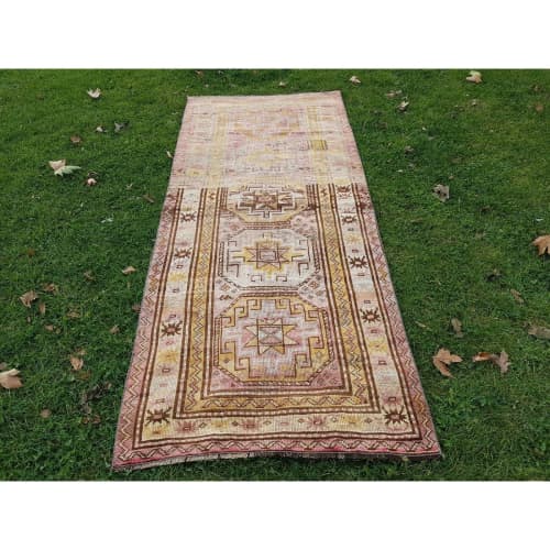 Muted Colors Carpet, Mid Century Caucasian Style Geometric | Runner Rug in Rugs by Vintage Pillows Store. Item made of cotton & fiber