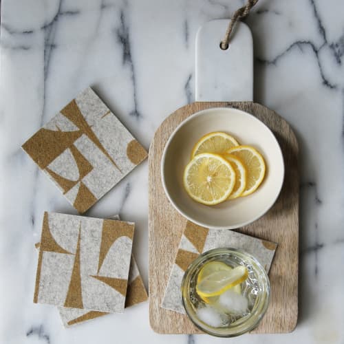 Coasters Merino Wool Felt Geo Jazz Ochre on Raw White | Tableware by Lorraine Tuson